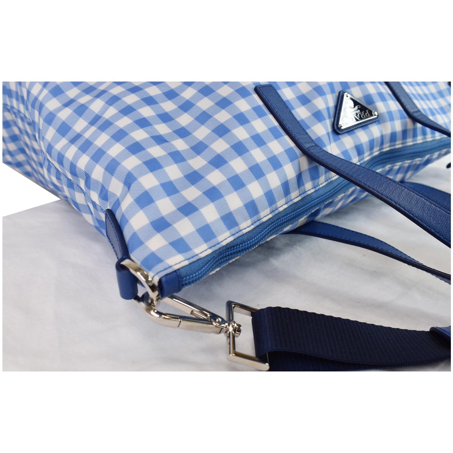 PRADA Textured Nylon Check Tote Shoulder Bag Blue