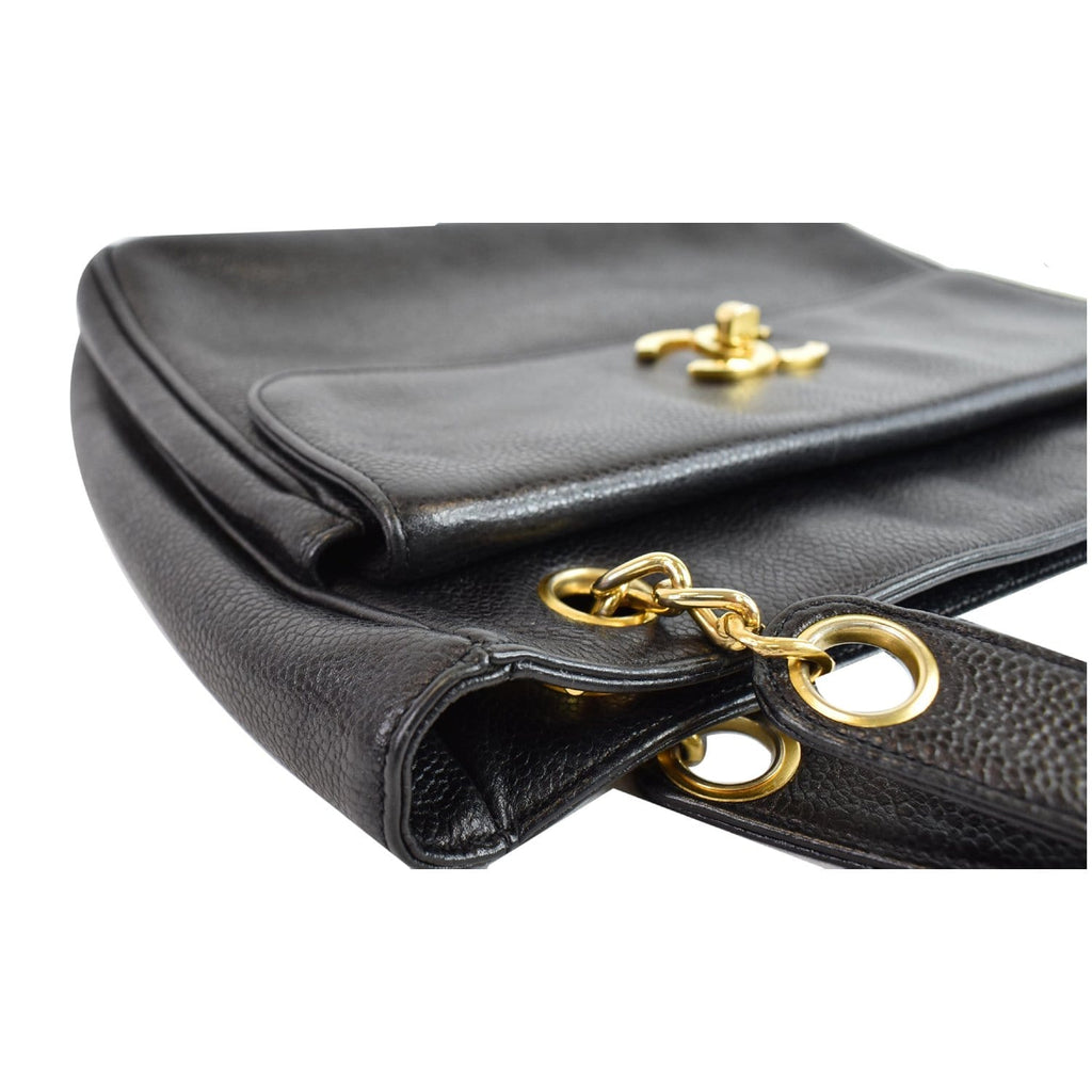 CHANEL Vintage Front Pocket Caviar Leather Tote Bag Black