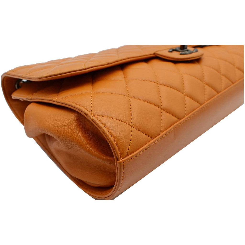 CHANEL Classic Flap Drawstring Quilted Lambskin Leather Shopper Shoulder Bag Orange