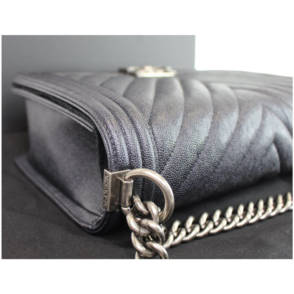 Chanel Boy New Medium Chevron Caviar Shoulder Bag Navy