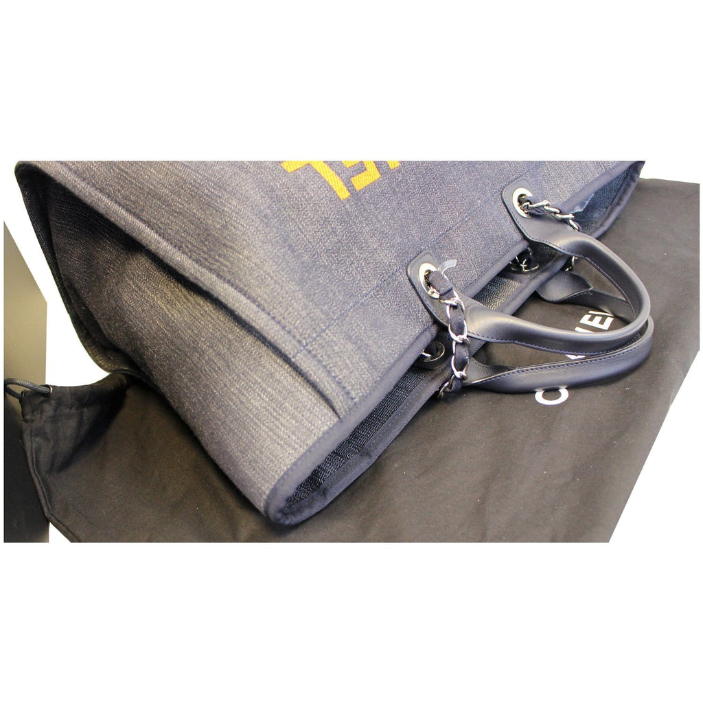 CHANEL Deauville Large Denim Shopping Tote Bag Dark Blue