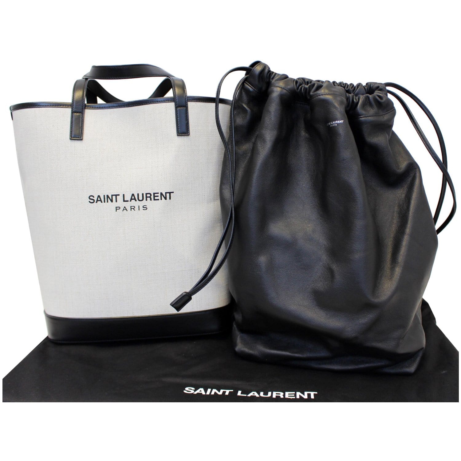 YVES SAINT LAURENT Teddy Canvas/Leather Drawstring Shopping Tote White/Black - Last Call