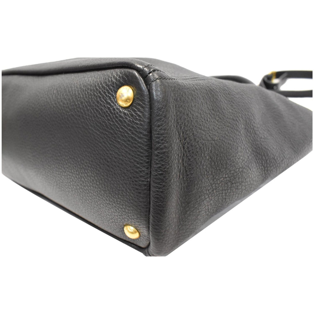 PRADA Vitello Daino Side-Pocket Leather Tote Shoulder Bag Black