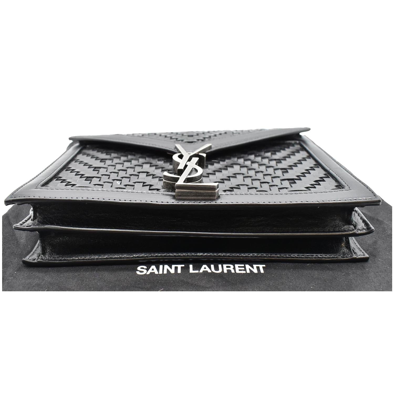 YVES SAINT LAURENT Cassandra Medium Woven Leather Chain Shoulder Bag Black