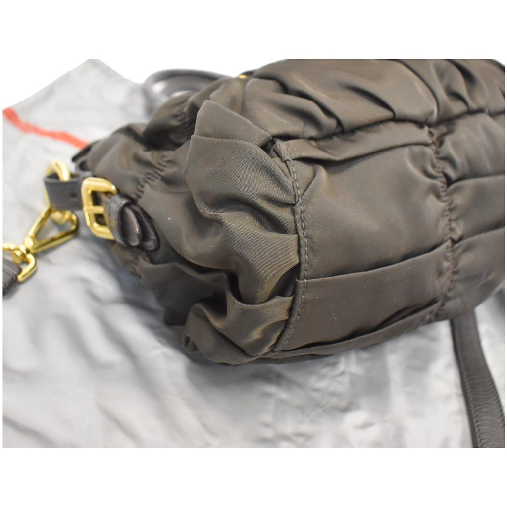 PRADA Tessuto Gaufre Ruched Nylon Leather Shoulder Bag Green