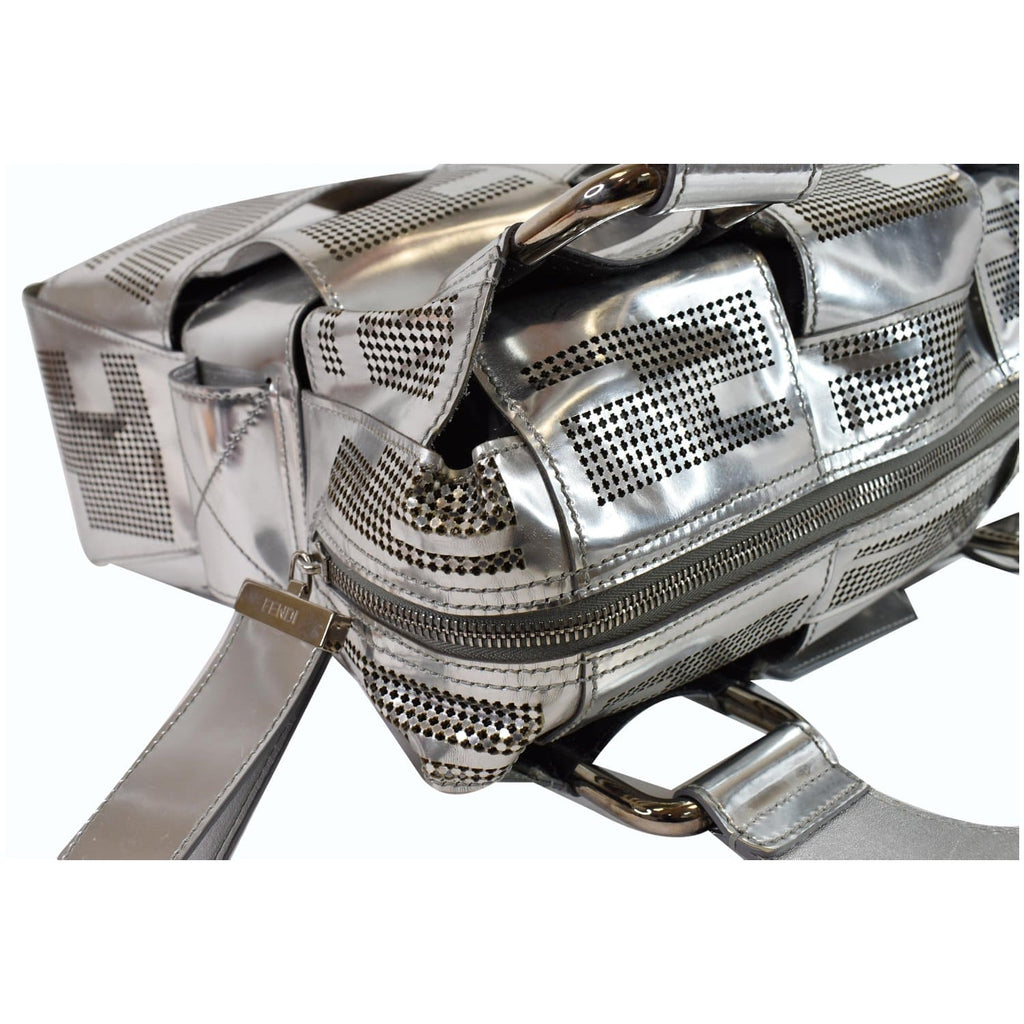 FENDI Crossword Metallic Perforated Leather Shoulder Bag Silver