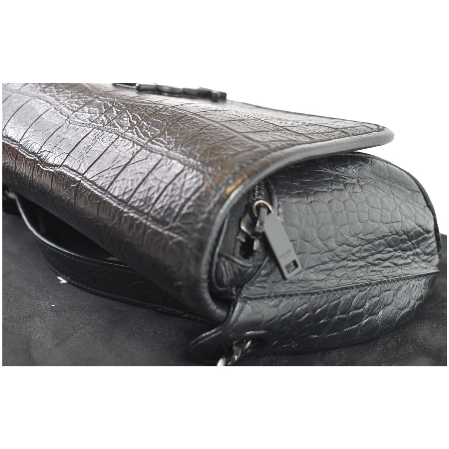 YVES SAINT LAURENT Niki Croc Embossed Leather Shoulder Bag Black