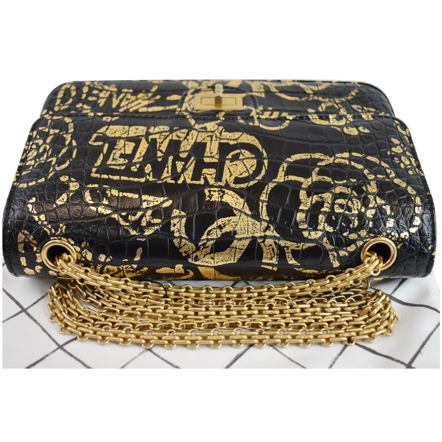 CHANEL Reissue 2.55 Flap Crocodile Embossed Graffiti Shoulder Bag Black