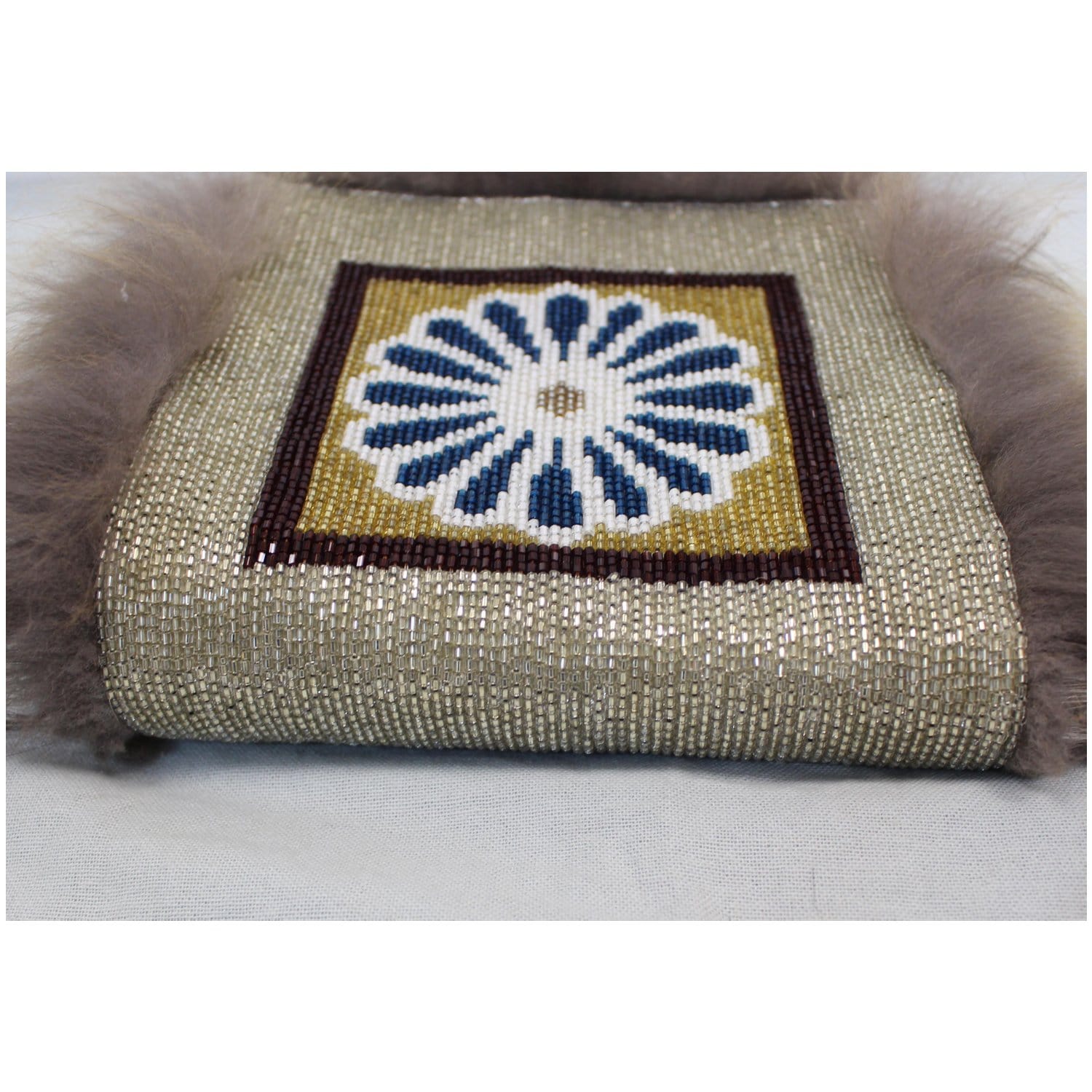 FENDI Daisy Beaded Snakeskin Fox Fur Trim Crossbody Clutch Bag Blue - Final Sale