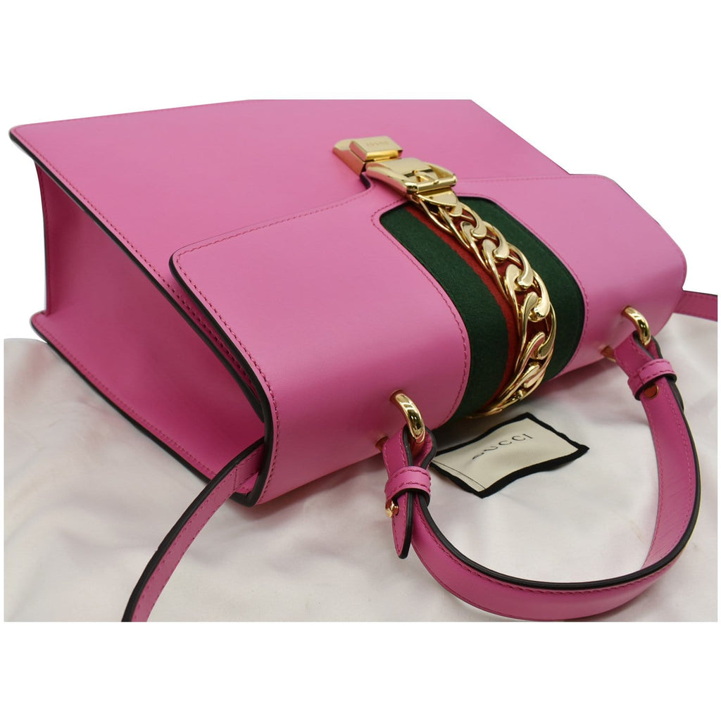 GUCCI Sylvie Medium Web Smooth Leather Top Handle Shoulder Bag Pink 431665