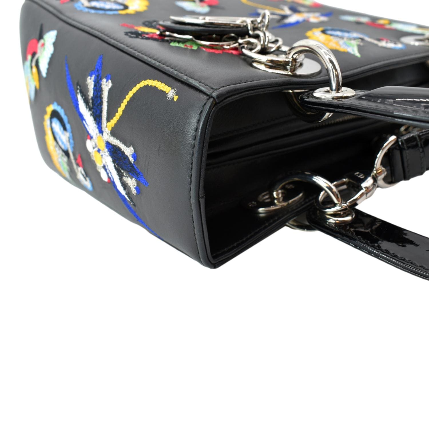 CHRISTIAN DIOR Lady Dior Embroidered Calfskin Shoulder Bag Black