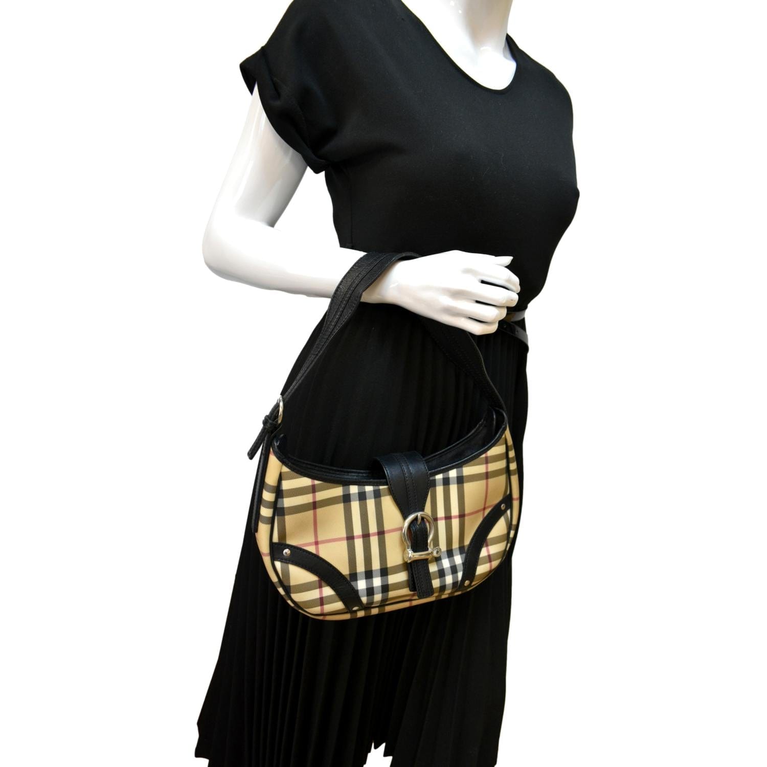 BURBERRY Buckle Small House Check Hobo Shoulder Bag Black