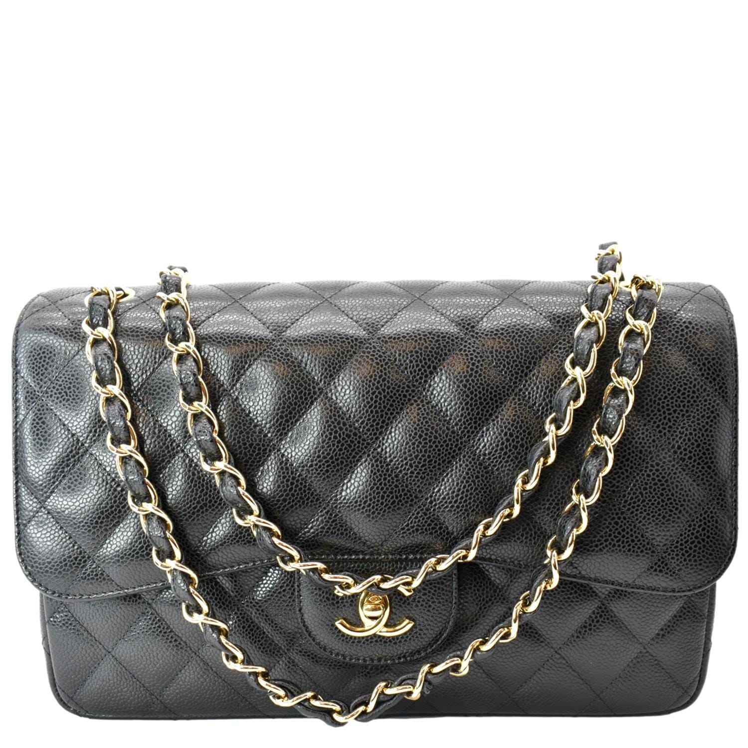 CHANEL Classic Jumbo Double Flap Caviar Leather Shoulder Bag Black