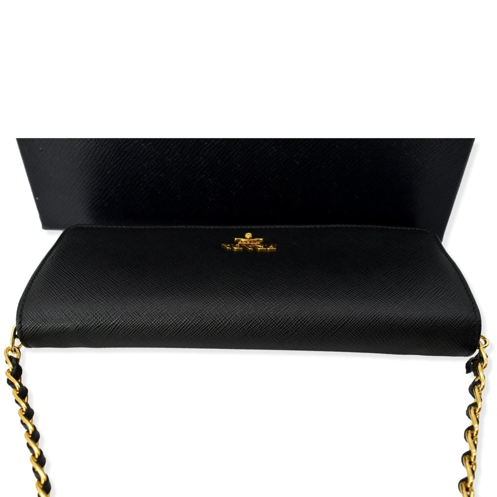 PRADA Saffiano Leather Wallet on Chain Clutch Crossbody Bag Black