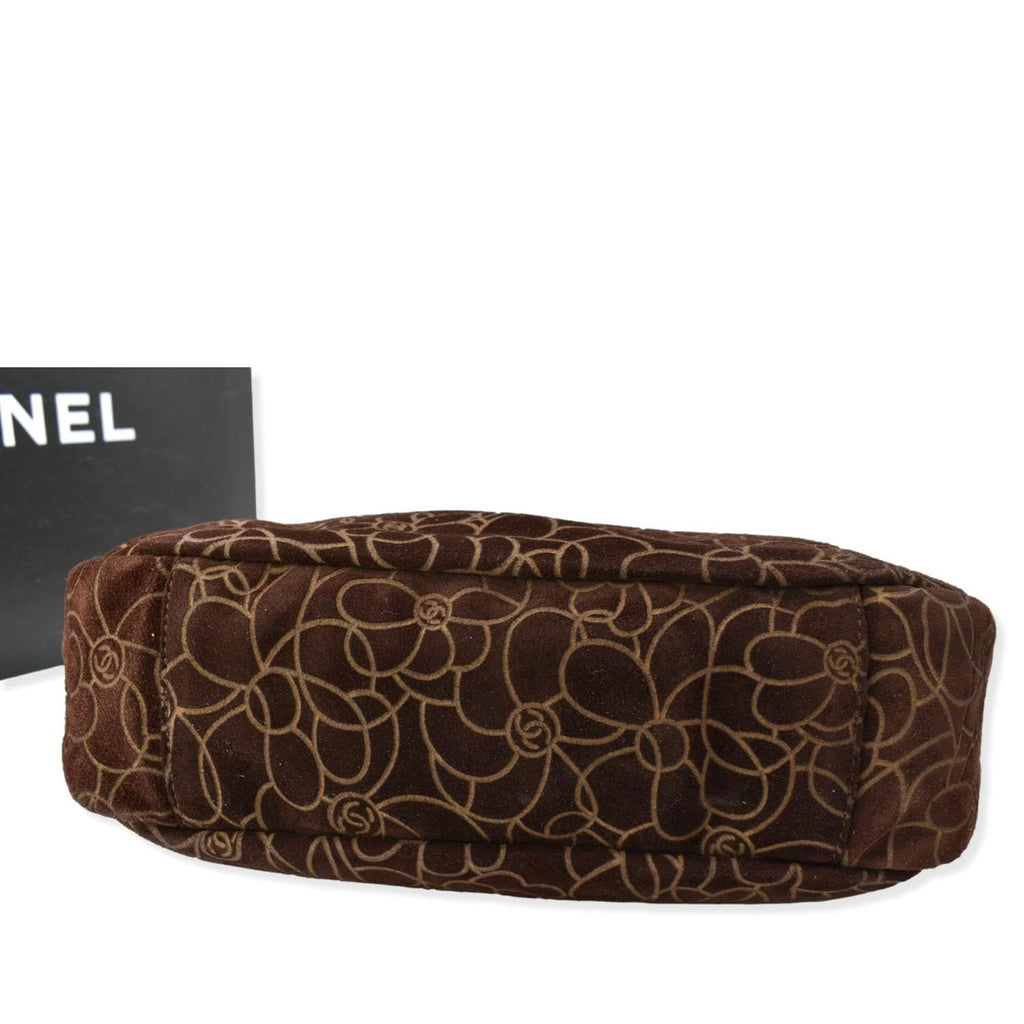 CHANEL Camellia Chain Embossed Suede Medium Shoulder Bag Brown