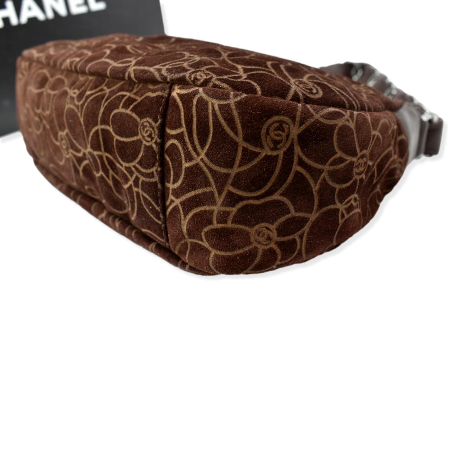 CHANEL Camellia Chain Embossed Suede Medium Shoulder Bag Brown
