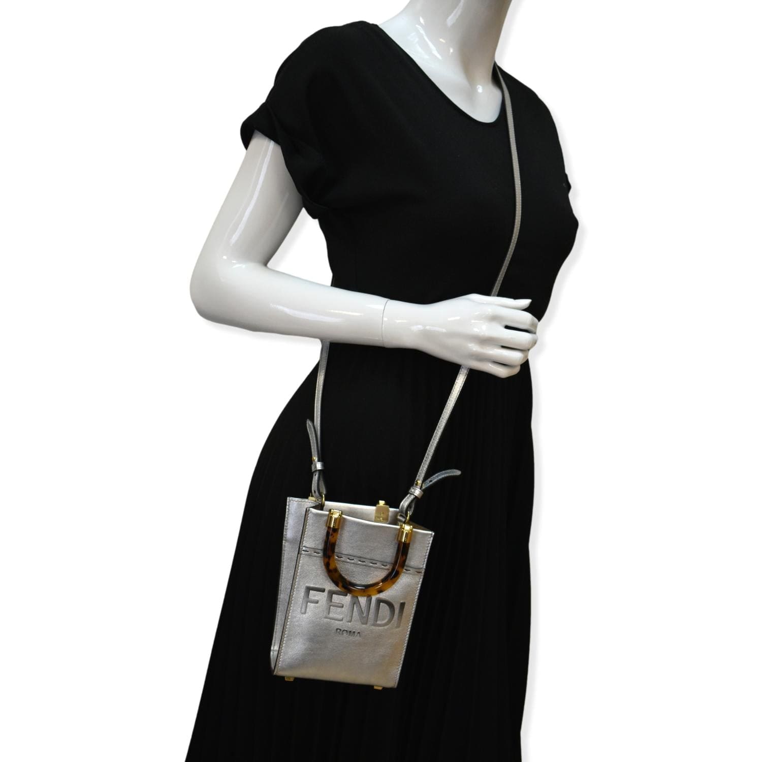 FENDI Mini Sunshine Plexiglass Laminated Leather Shopper Tote Crossbody Bag Silver - Hot Deals