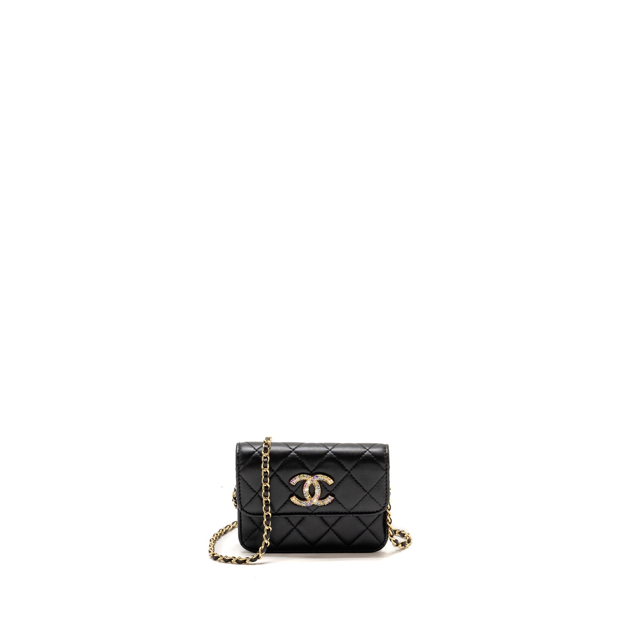 Chanel Zirconium Flap Clutch/Card Holder with Chain Lambskin Black