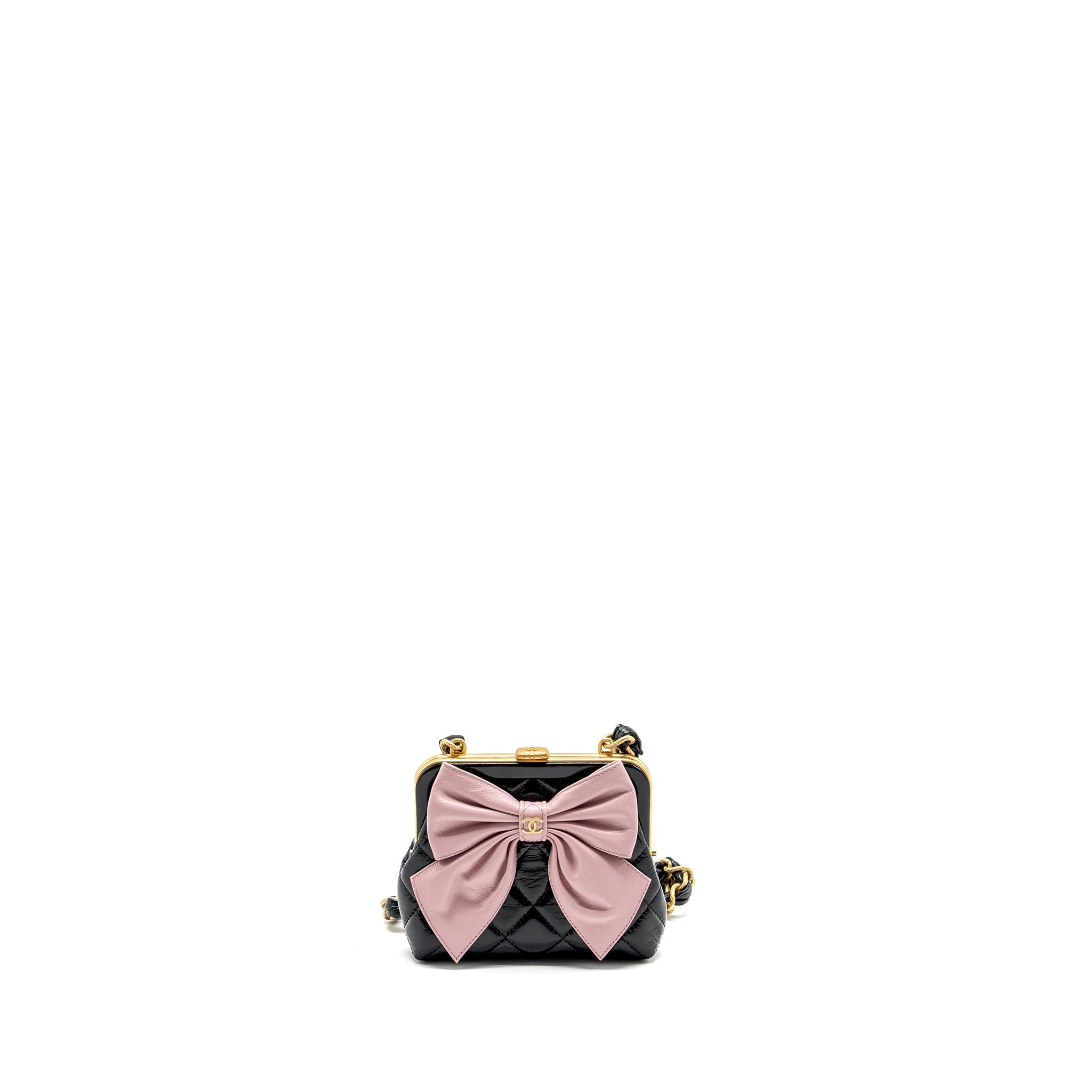 Chanel 24a Bowknot Clutch with Chain Patent Crumpled Lambskin/Shiny Lambskin Black/Pink  (Microchip)