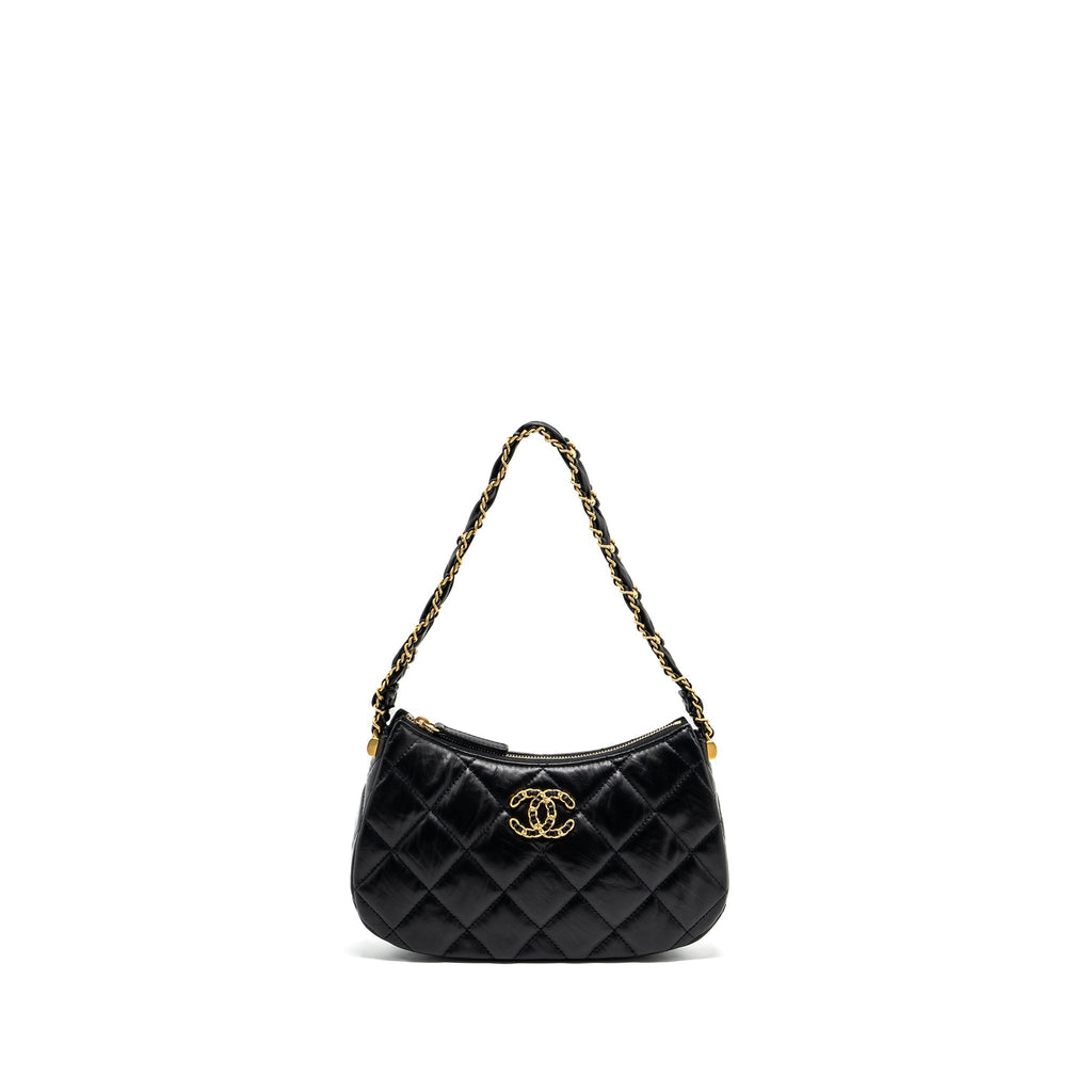 Chanel 23k 19 Hobo Shoulder Bag Calfskin Black  (microchip)