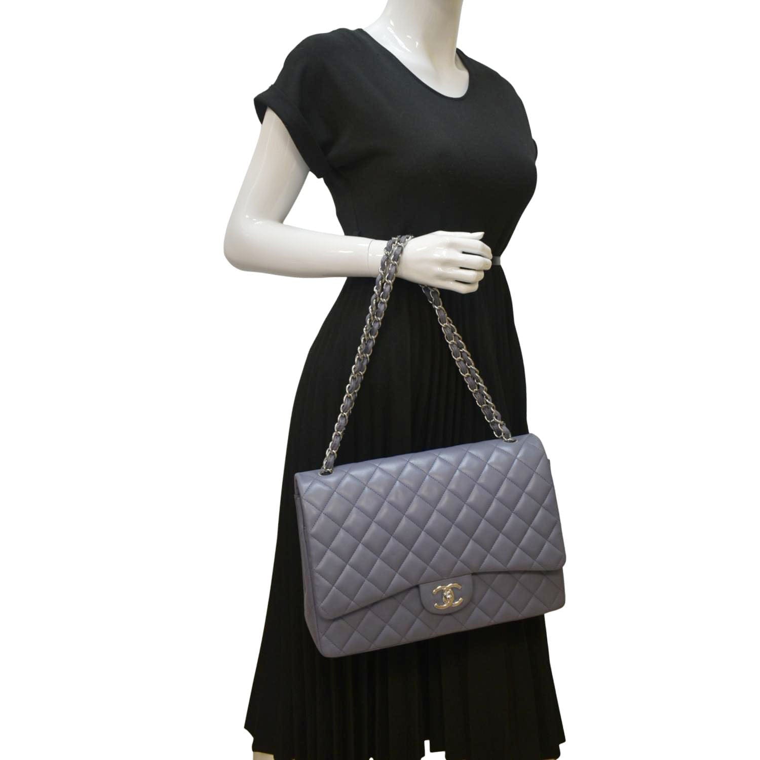 CHANEL Classic Maxi Double Flap Quilted Lambskin Leather Shoulder Bag Light Purple