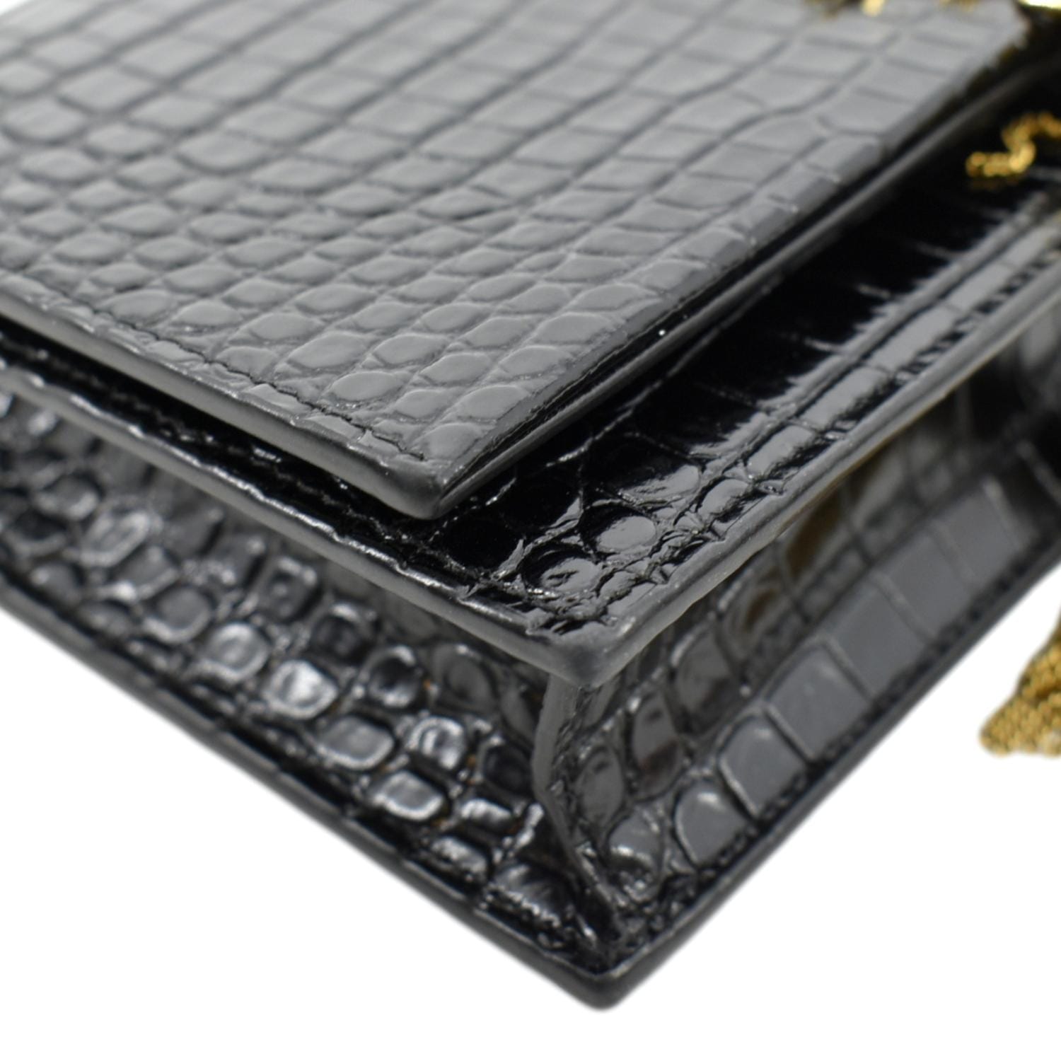 YVES SAINT LAURENT Kate Crocodile Embossed Patent Leather Shoulder Bag Black
