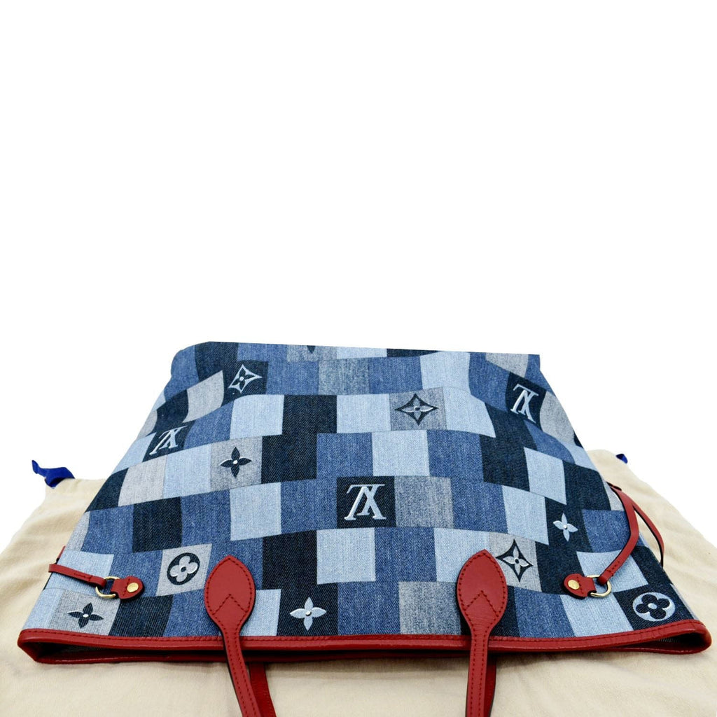 LOUIS VUITTON Neverfull MM Patchwork Monogram Denim Shoulder Bag Blue