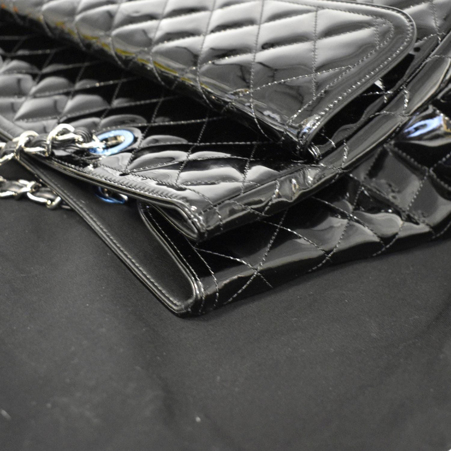 CHANEL Front Pocket Quilted Patent Leather Shopping Tote Bag Black