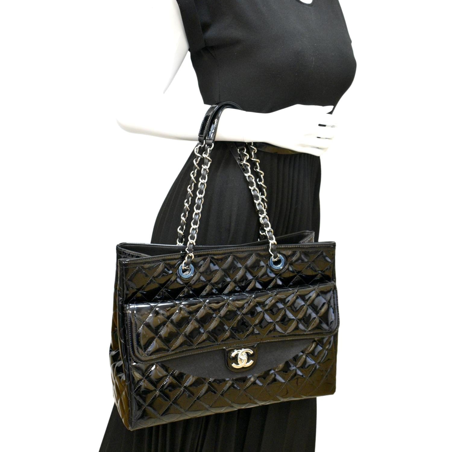CHANEL Front Pocket Quilted Patent Leather Shopping Tote Bag Black