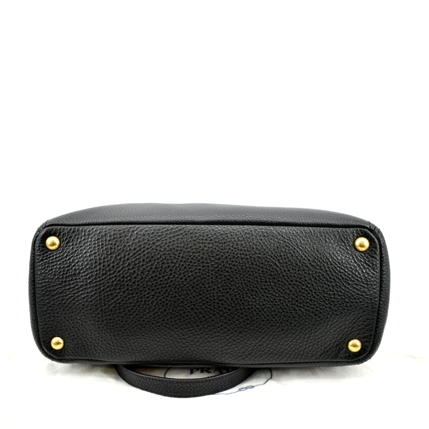 PRADA Vitello Daino Side-Pocket Leather Tote Shoulder Bag Black