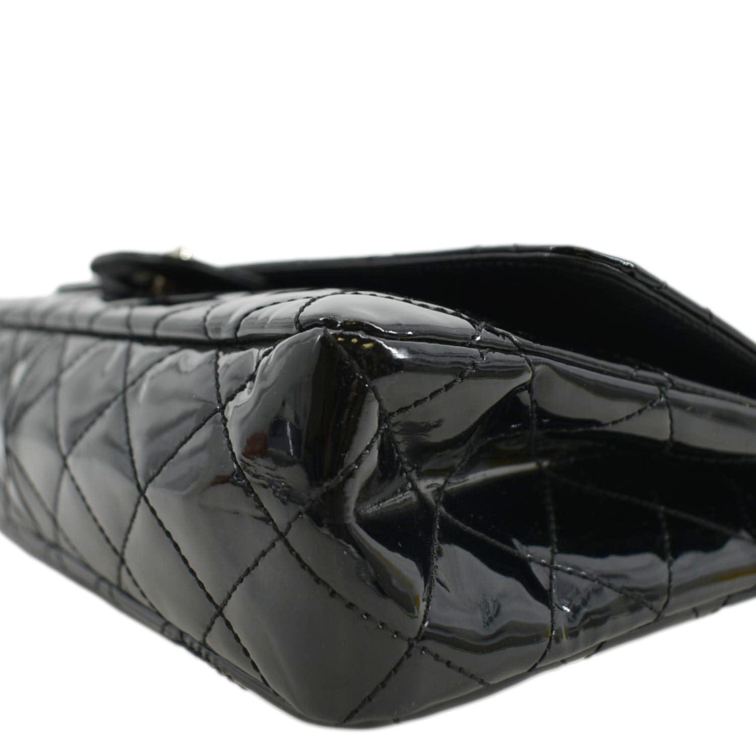 CHANEL Through Flap Quilted Patent Leather Shoulder Bag Black