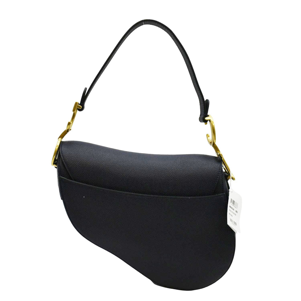 CHRISTIAN DIOR Saddle Grained Calfskin Leather Satchel Shoulder Bag Navy Blue