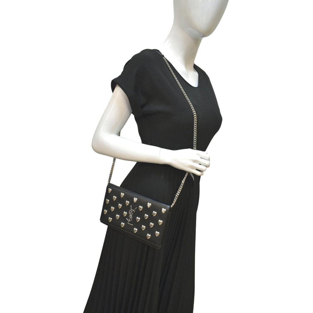 YVES SAINT LAURENT Kate Heart Studded Leather Shoulder Bag Black