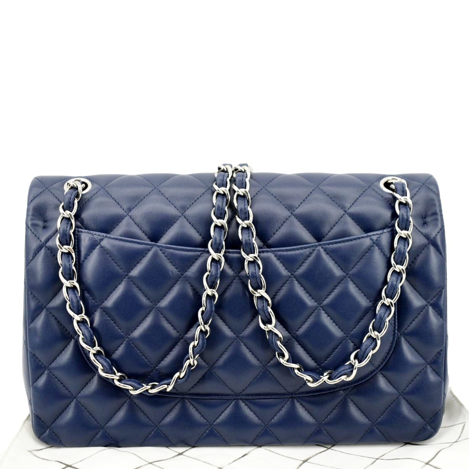 CHANEL Classic Jumbo Double Flap Quilted Caviar Leather Shoulder Bag Blue