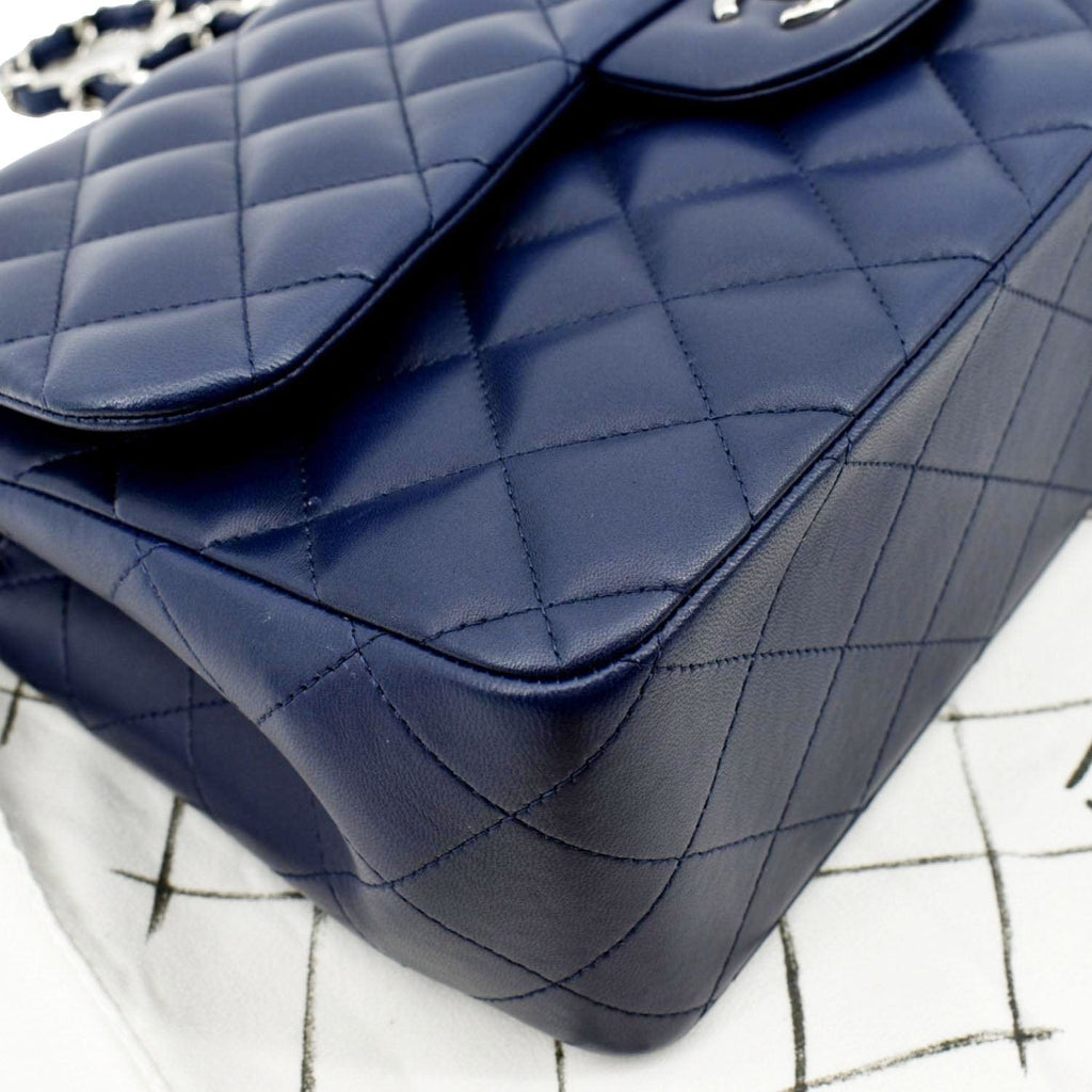 CHANEL Classic Jumbo Double Flap Quilted Caviar Leather Shoulder Bag Blue