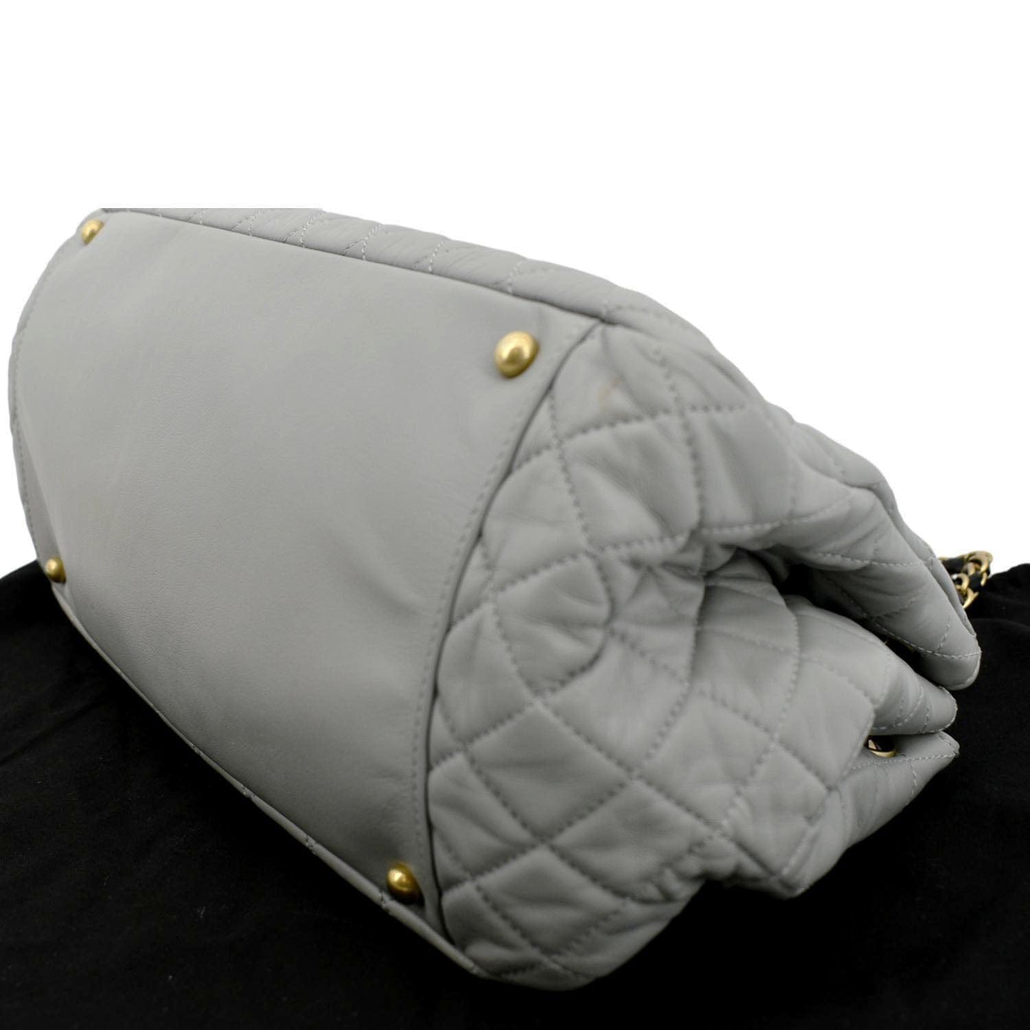 CHANEL East West Accordion Flap Quilted Calfskin Leather Shoulder Bag Grey