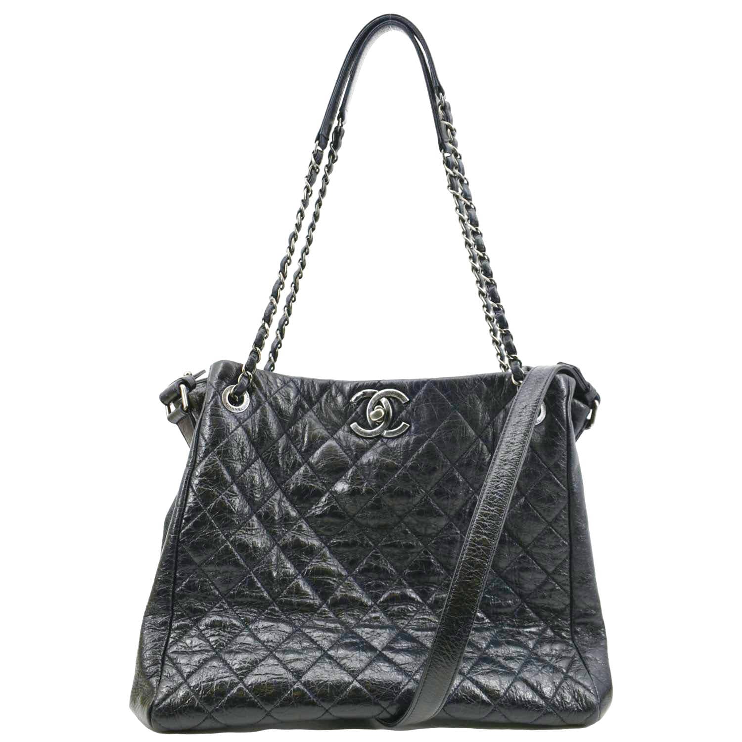 CHANEL Glazed Aged Calfskin Distressed Tote Shoulder Bag Blue