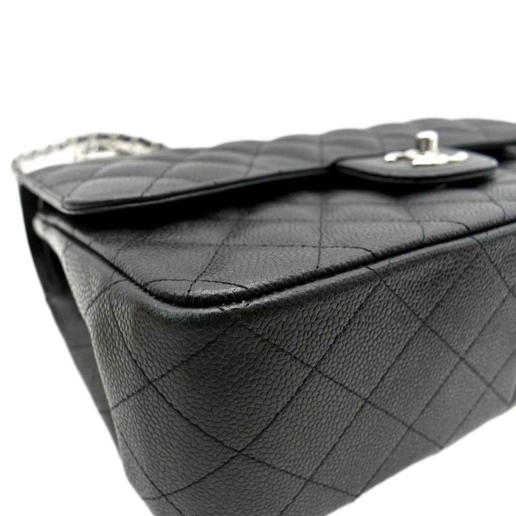 CHANEL Classic Jumbo Double Flap Quilted Caviar Leather Shoulder Bag Black