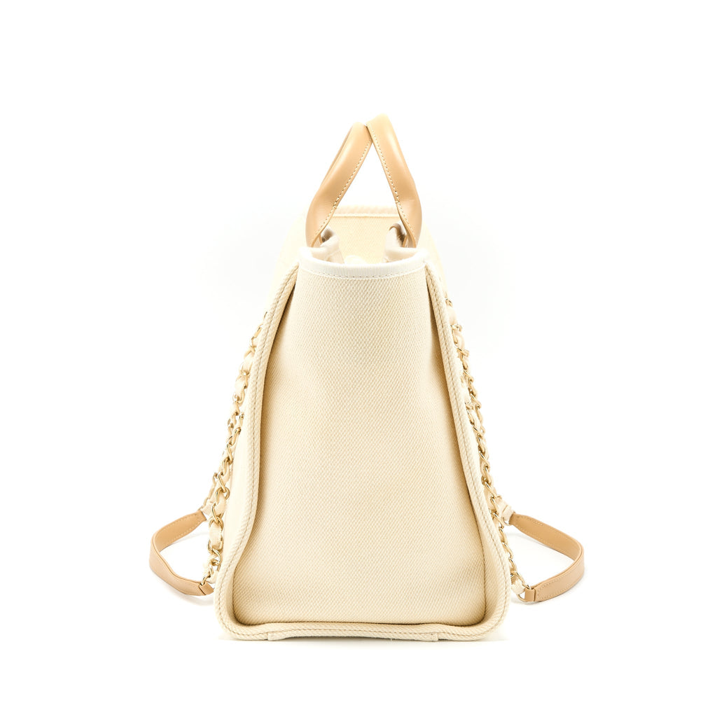 Chanel Deauville Tote Bag Fabric/Leather Creamy White/Beige