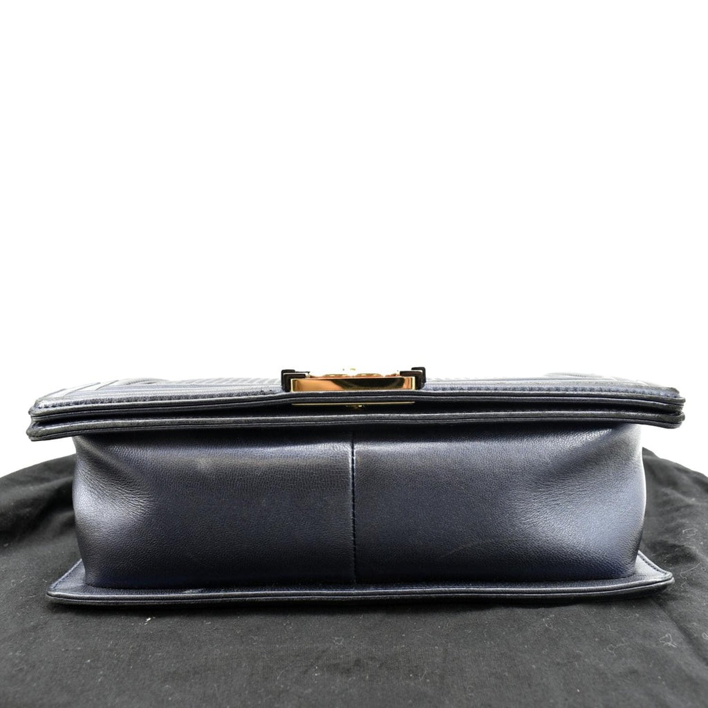 CHANEL Medium Boy Flap Cube Embossed Leather Shoulder Bag Navy Blue