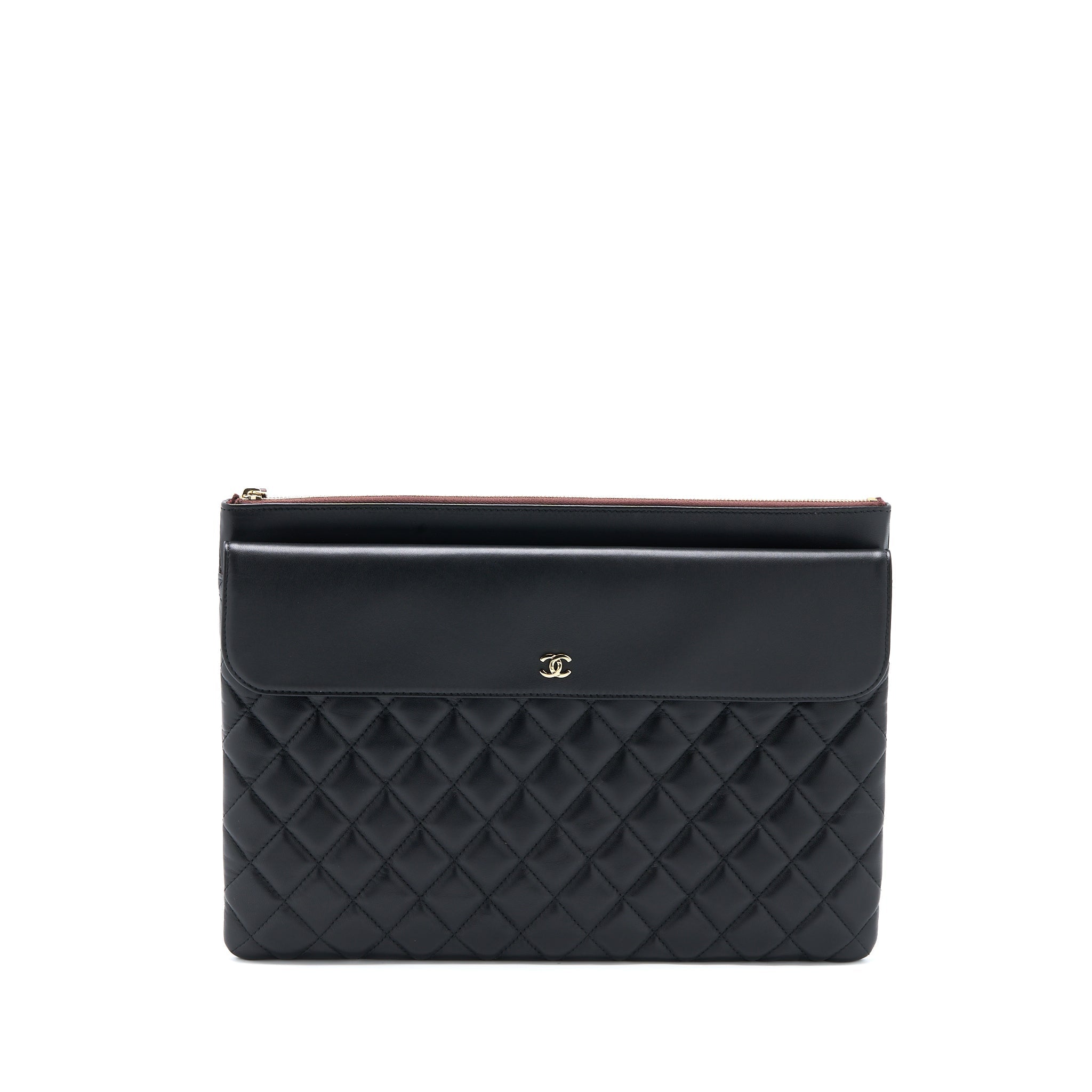 Chanel Quilted Zip and Flap Pouch/Clutch Large Model Lambskin Black L