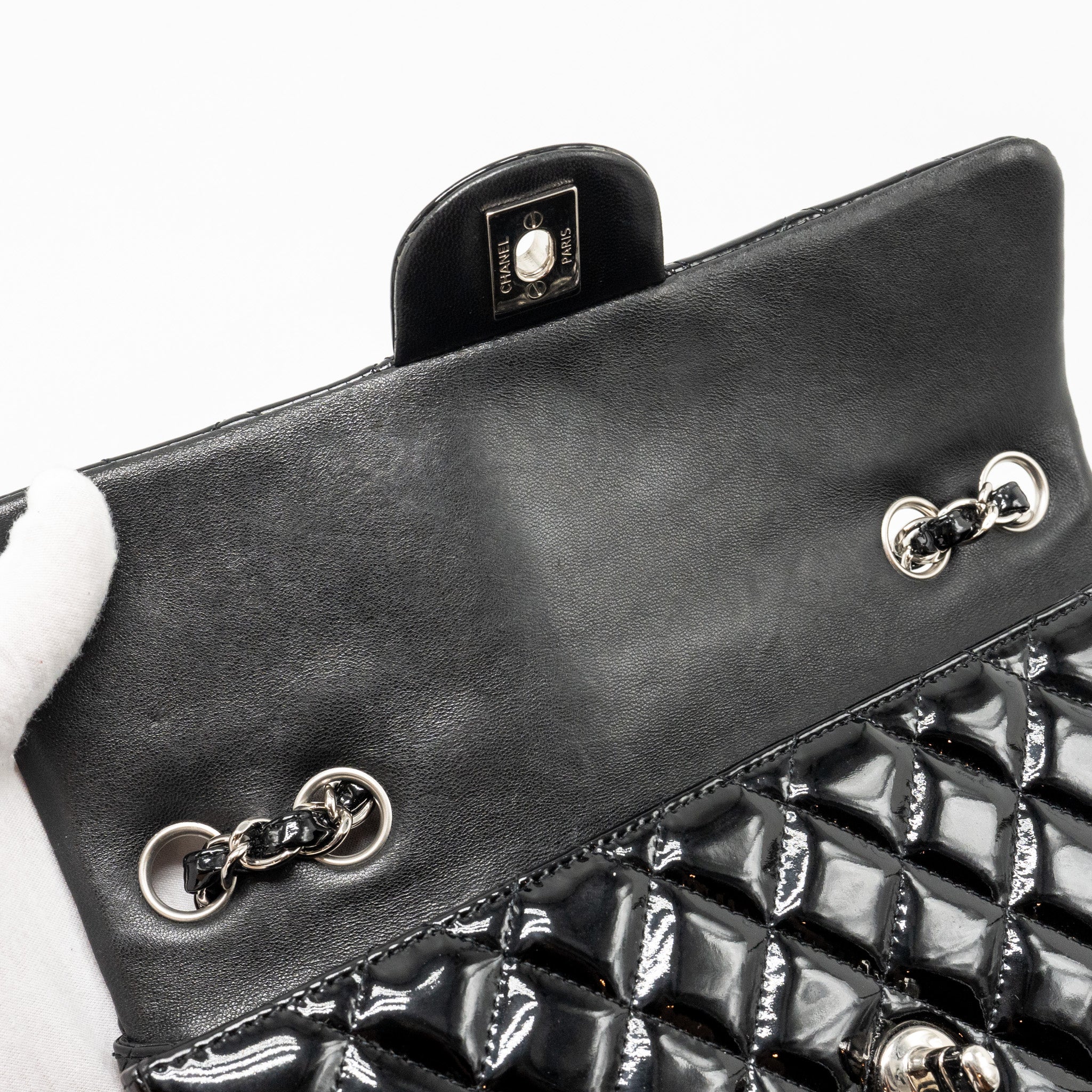 Chanel East West Flap Shoulder Bag Patent Leather Black