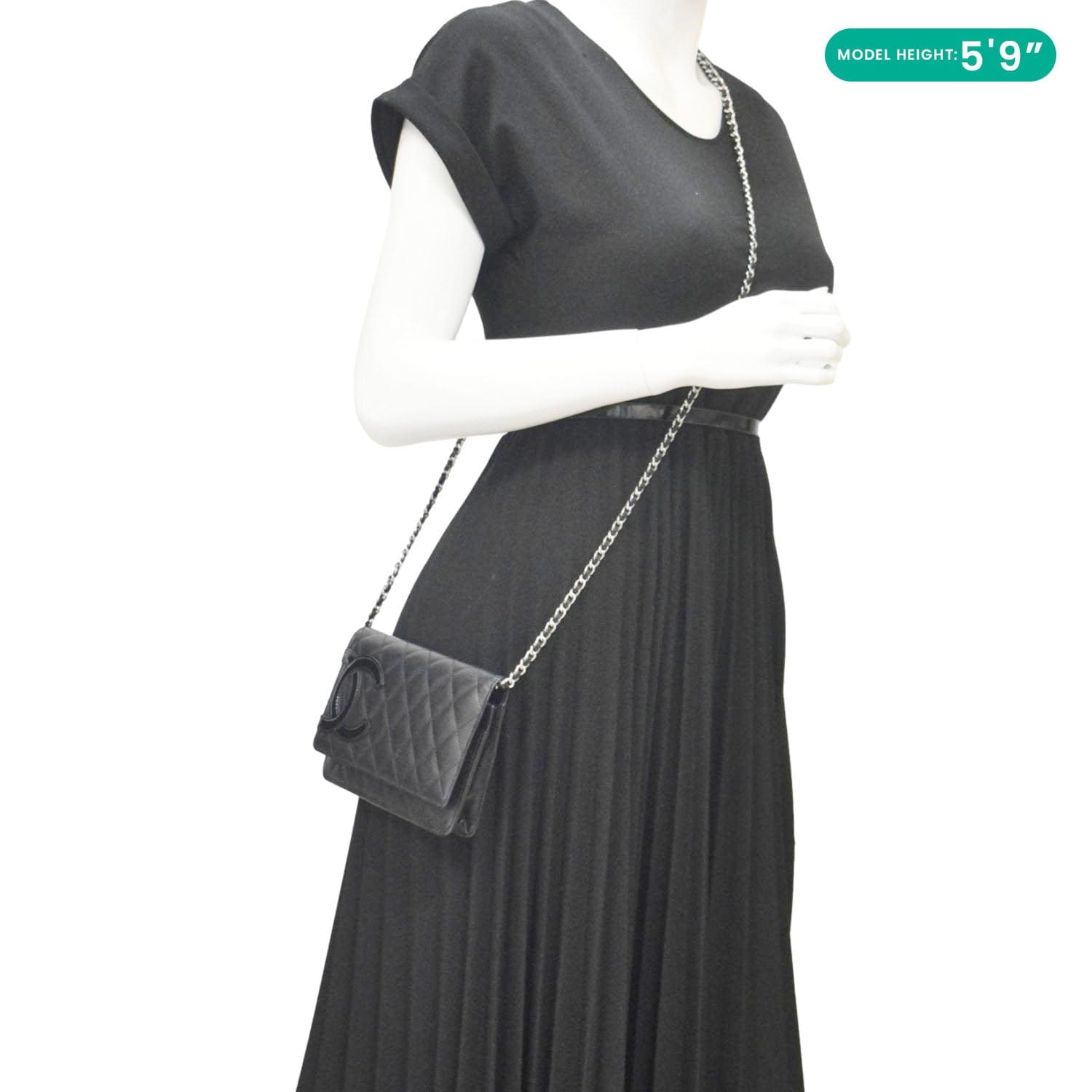 CHANEL Cambon Ligne Wallet On Chain Quilted Leather Clutch Crossbody Bag Black