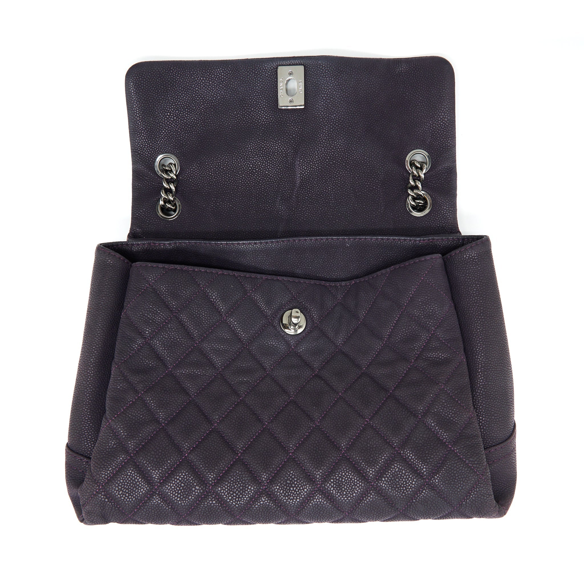 Chanel Flap Tote Bag With Chain Grained Calfskin Dark Purple