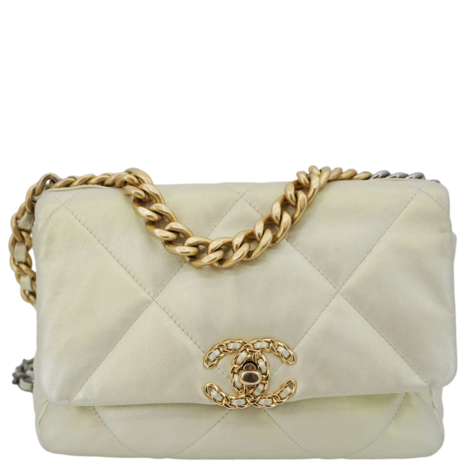 CHANEL Iridescent 19 Flap Calfskin Quilted Leather Shoulder Bag Metallic Gold
