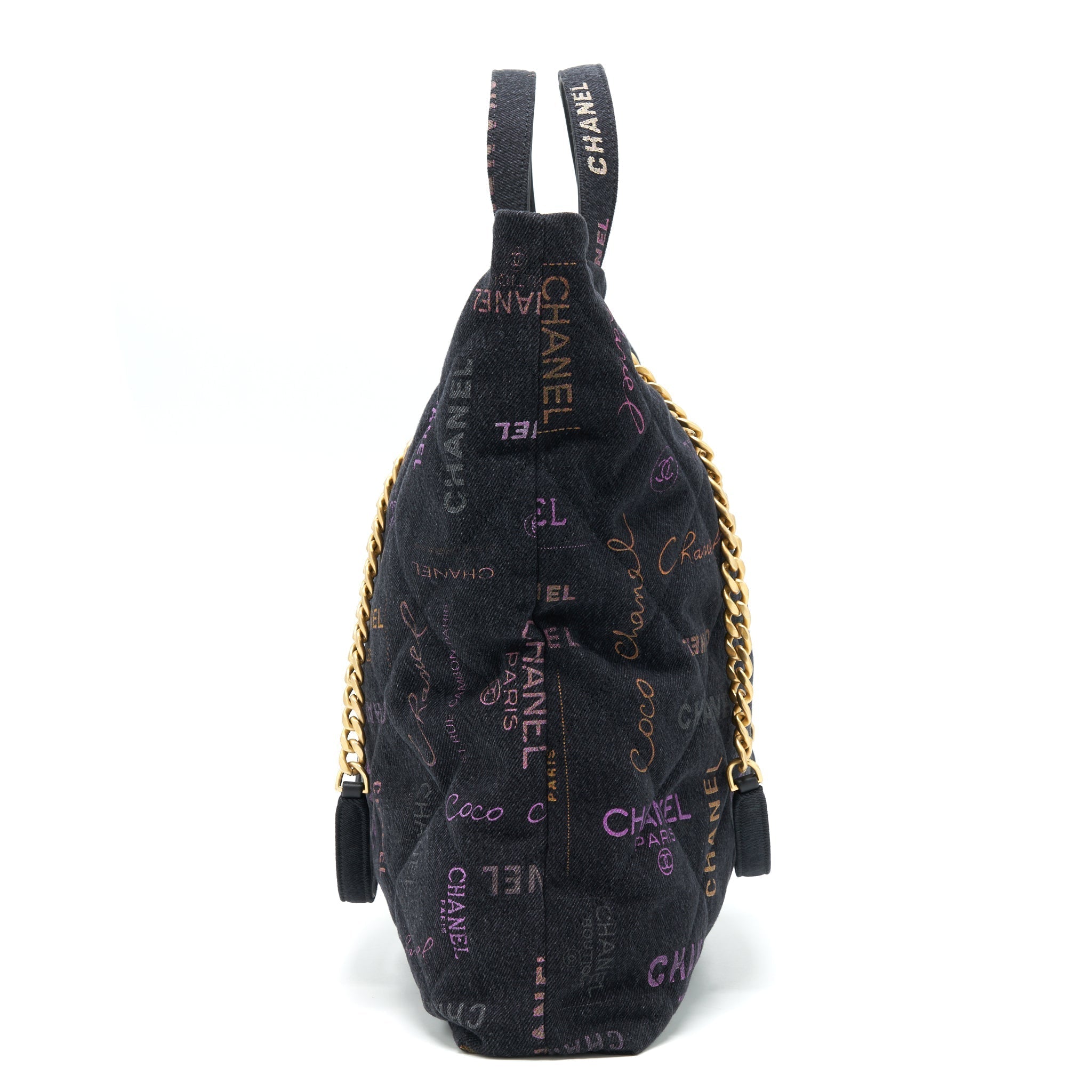Chanel 22P Printed Denim Maxi Shopping Tote Bag Black/Multicolour