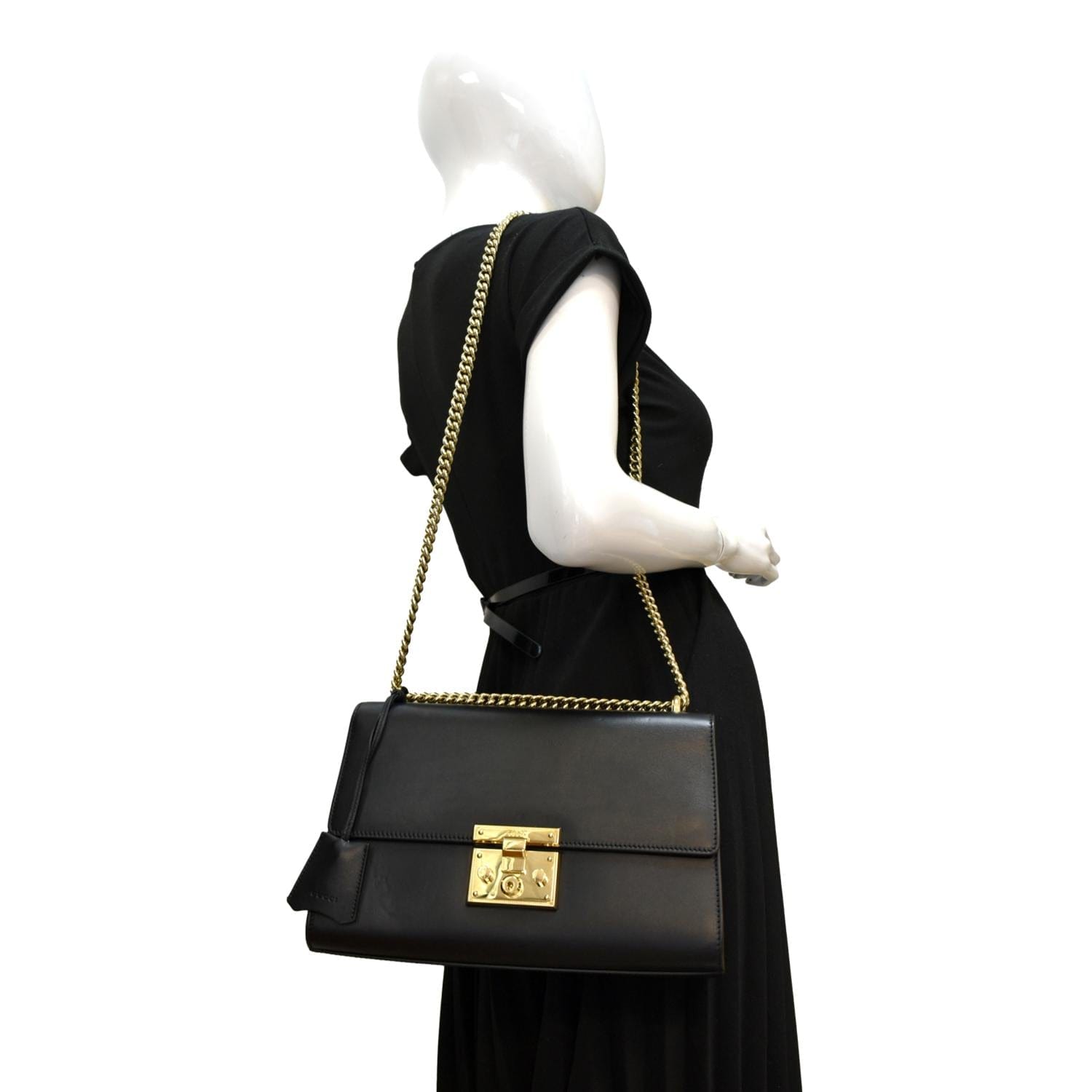 GUCCI Padlock Leather Shoulder Bag Black 409486