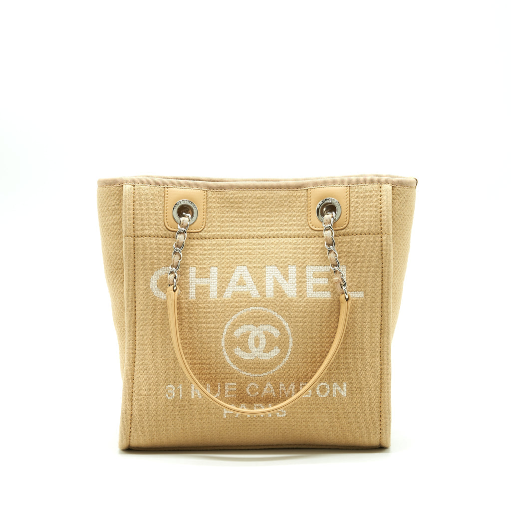 Chanel Deauville PM Chain Tote Bag Canvas Dark Beige