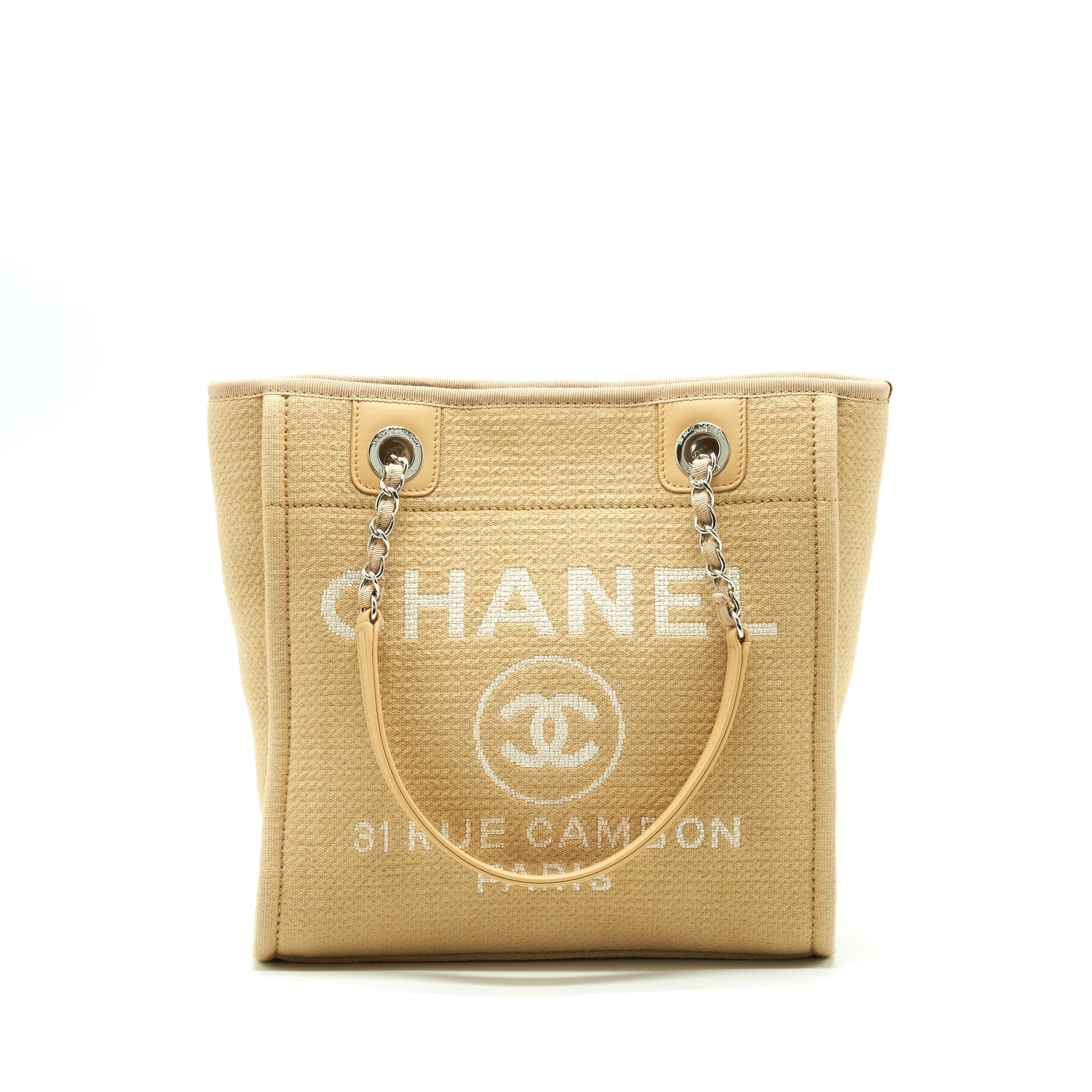 Chanel Deauville PM Chain Tote Bag Canvas Dark Beige