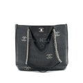 Chanel Eyelet Logo Calfskin Tote Bag Black/ Blue